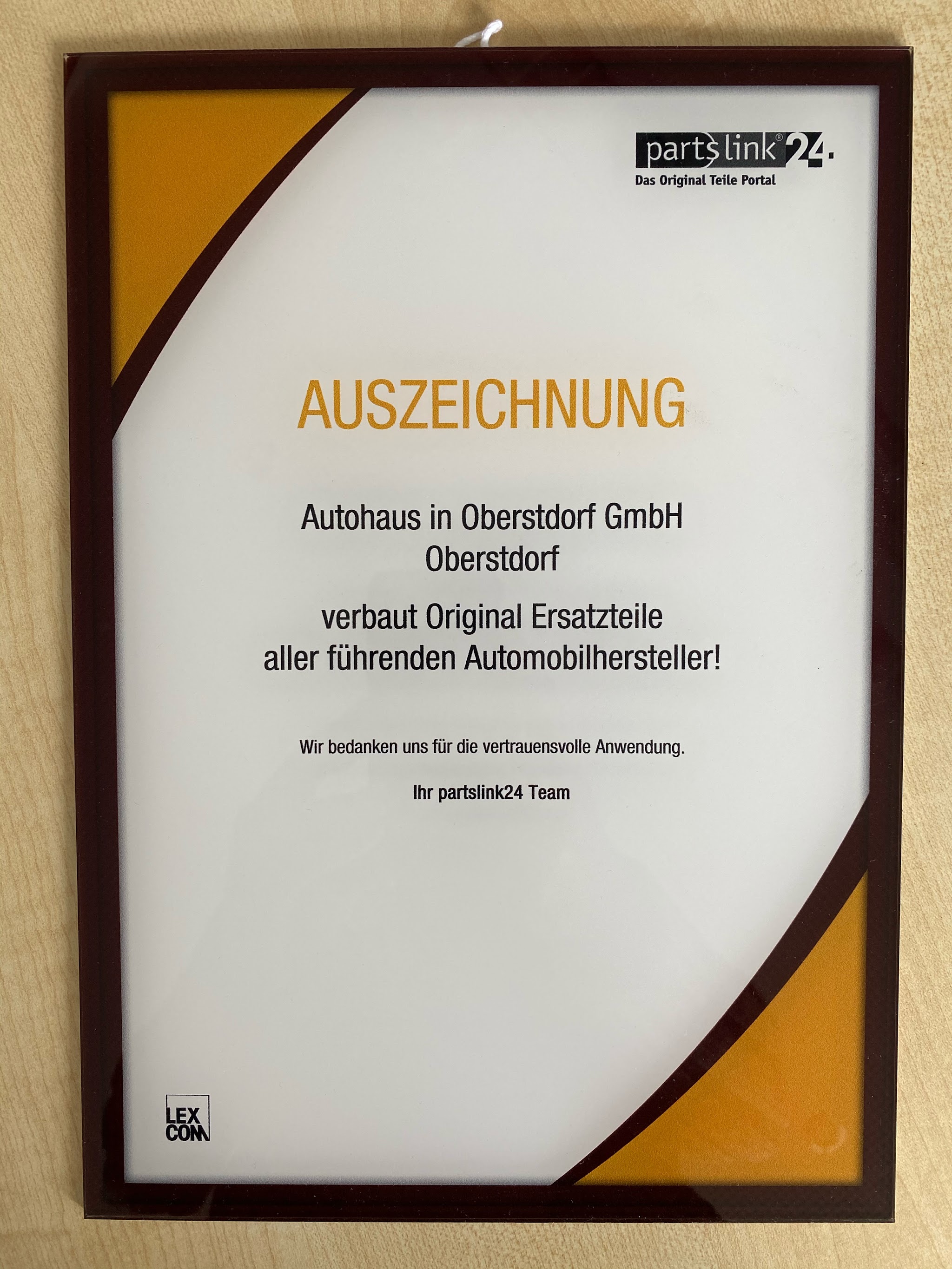 Auszeichnungsurkunde von partslink24